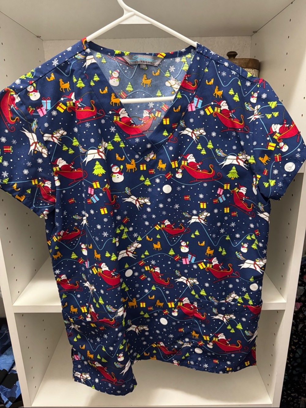 Festive Navy Christmas Scrub Top with Santa Sleigh Print